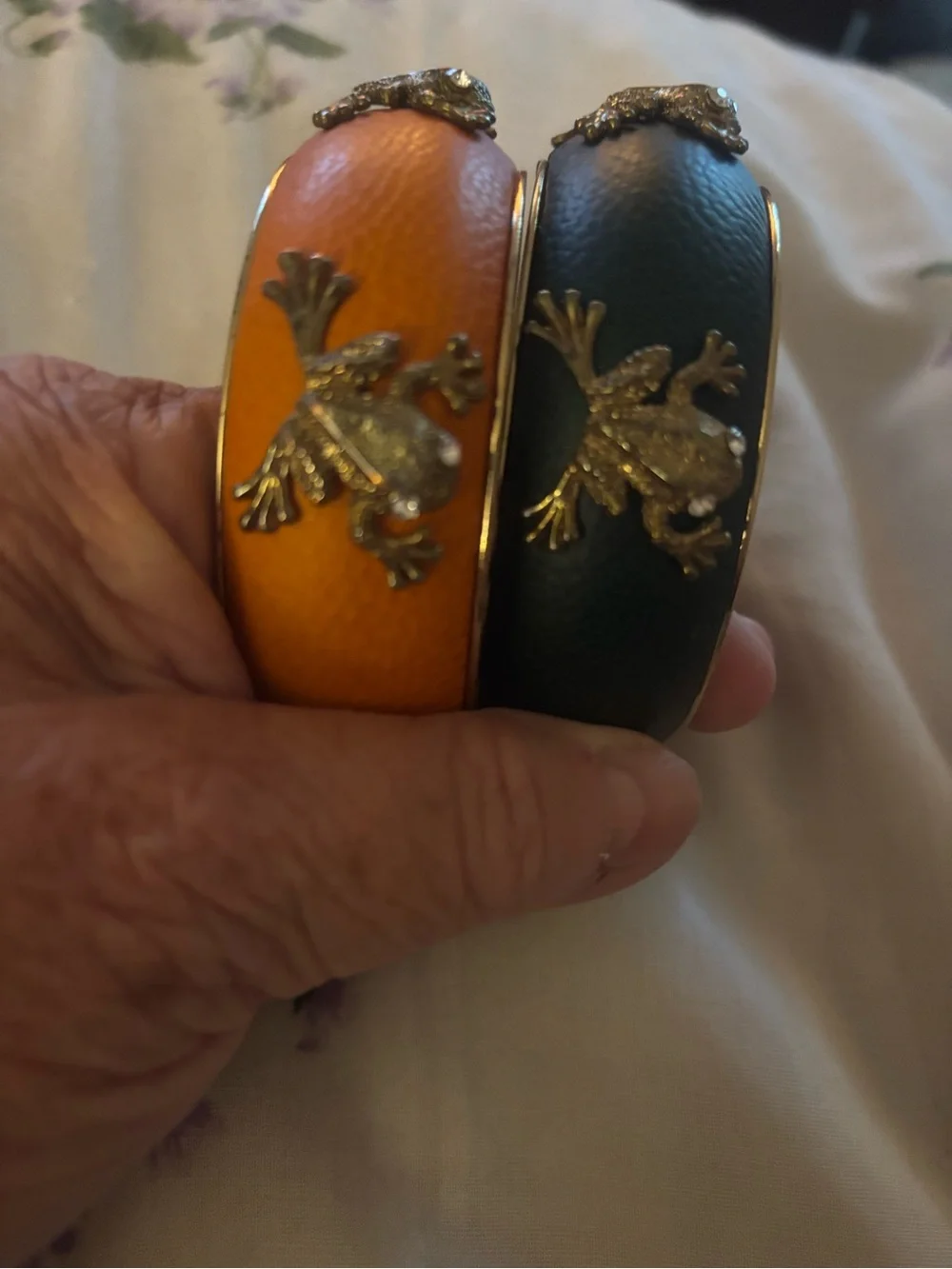 Frog Accent Leather-Textured Bangle Bracelet - Orange and Dark Blue